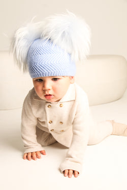 Baby Blue Double Raccoon Fur Pom Pom Hat