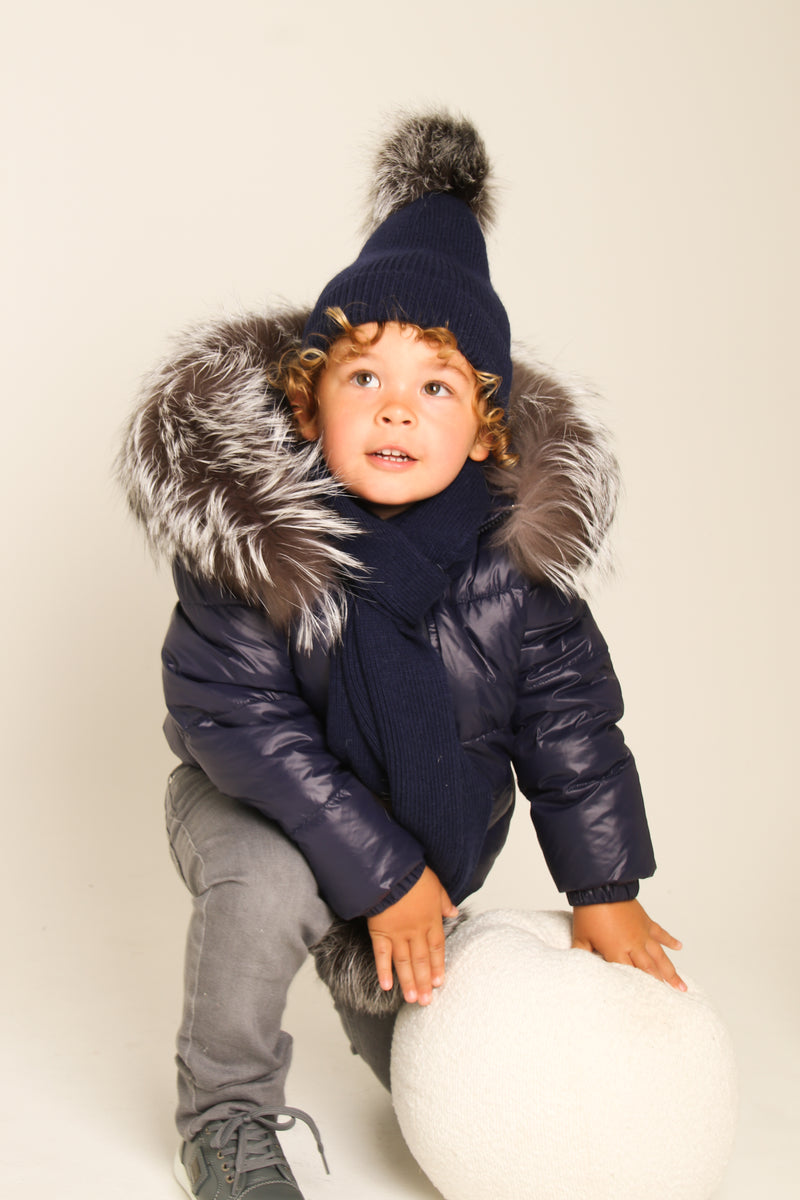 Navy Down Coat with Silver Fox Fur Trim TwentyFall