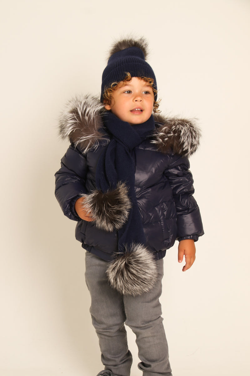 Navy Down Coat with Silver Fox Fur Trim TwentyFall