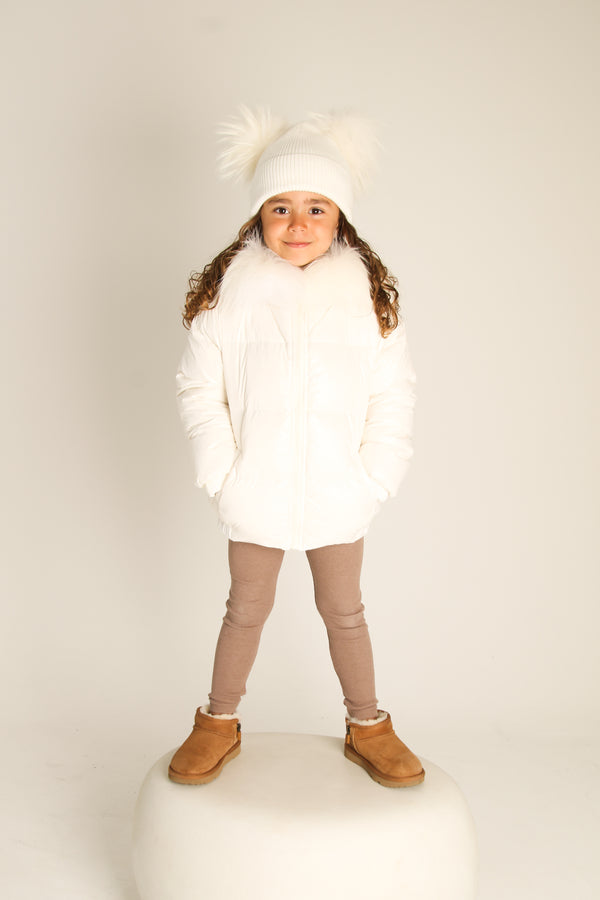 White Down Coat with Raccoon Fur Trim